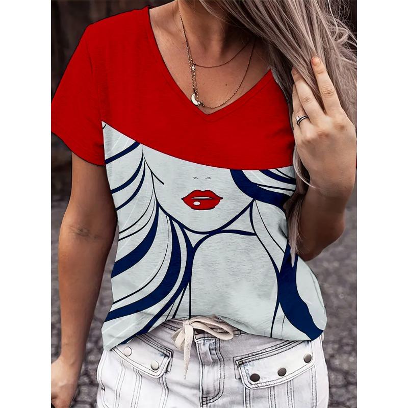 Cartoon Ladies V-neck T-shirt Summer Outdoor Casual Short Sleeve Tops 3D Character Printing
