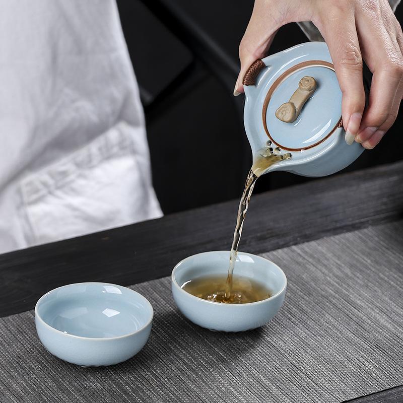 Ruyao Ge Kiln Portable Travel Tea Set Kuaike Cup One Pot Two Cups Brewing Teapot Tea Can Customization