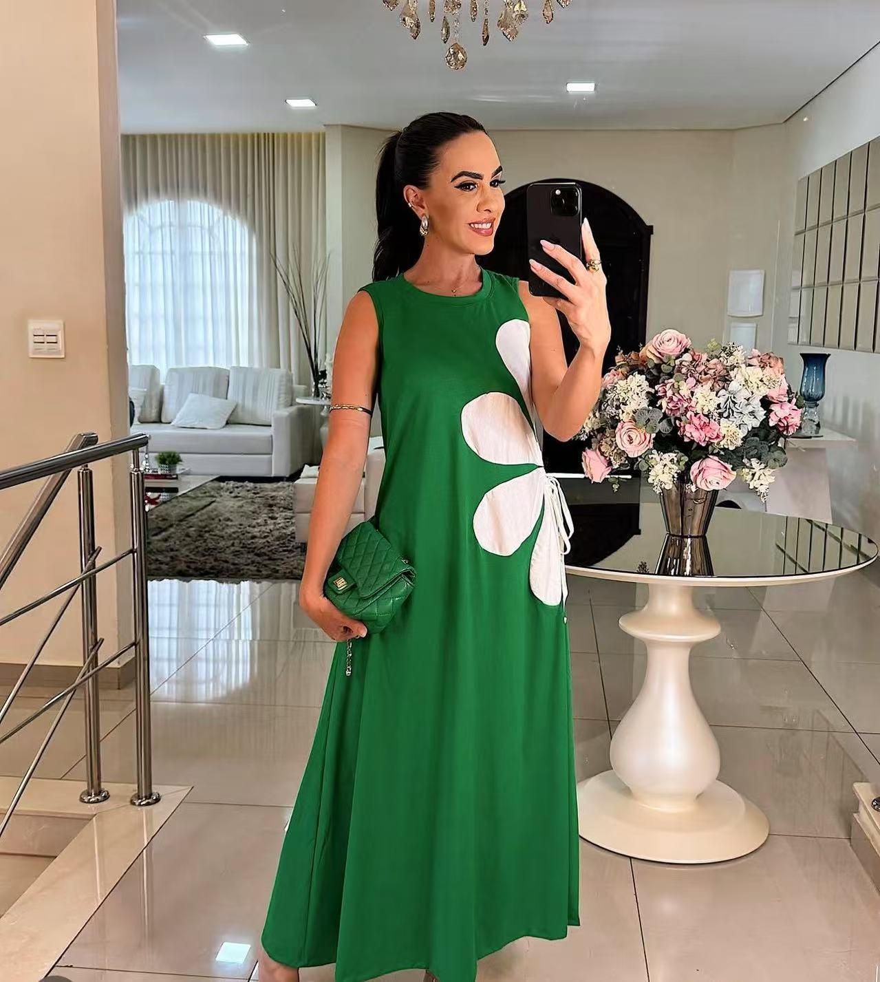 

2025 Stylish Slim-Fit Sleeveless Round Neck Dress - Comfortable & Fashionable Summer Print Large зелёный