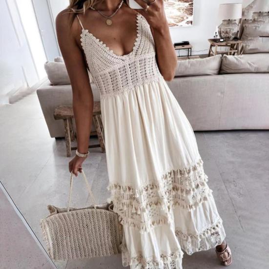 Plážové šaty s vyhloubenou krajkou letní dlouhé šaty s výstřihem do V na párty