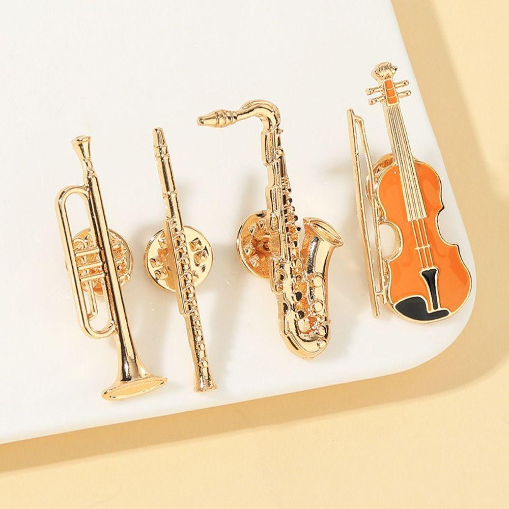 4Pcs Alloy Enamel Brooches Trumpet Clarinet Saxophone Violin Shaped Backpacks Decoration Lapel Pins Jewelry Accessories