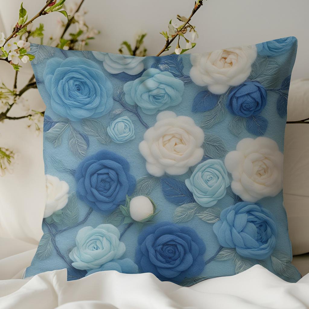 New 3D Imitation Plush Blue Rose Pillowcase Pastoral Home Sofa Cushion Pillowcase Decoration