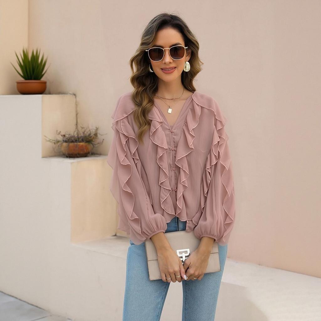 Women's V Neck Long Sleeve Blouse with Layered Ruffle Decoration Button Front Loose Fit Fashion Shirt Top for Casual Office Wear