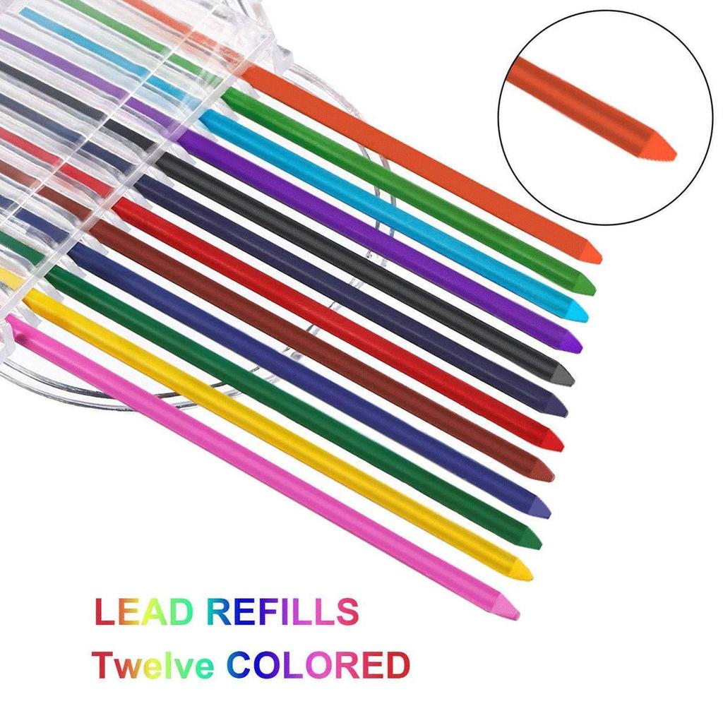Six 2mm Mechanical Pencils with 4 Cases of Colored Lead Refills and 2 Cases of Black Refills for and Crafts Art, Sketching, Carpentry, Drafting,