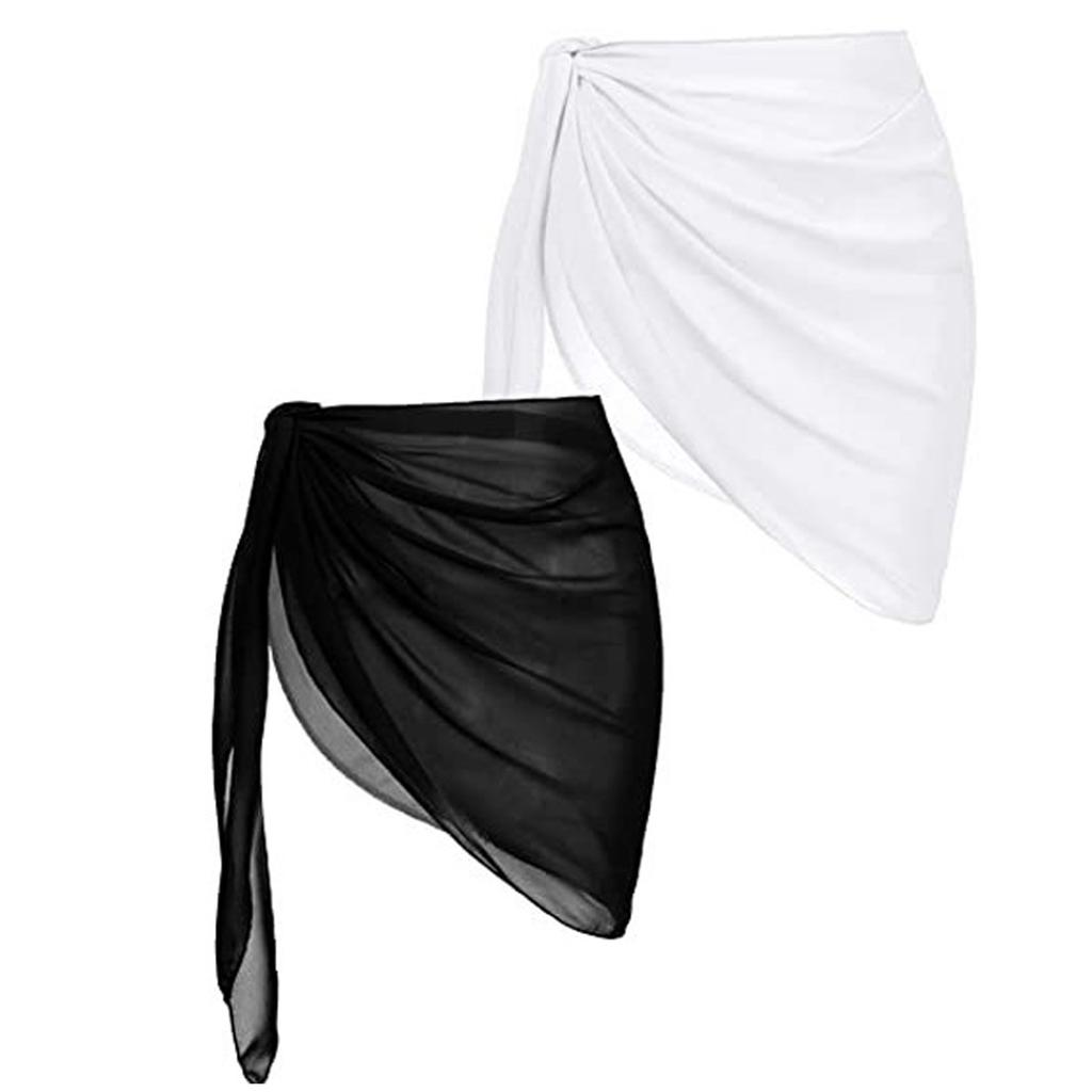 2Pcs Beach Sarongs Sunscreen Polyester Fiber Soft Beach Cover Up Skirt Bikini Wrap Black White