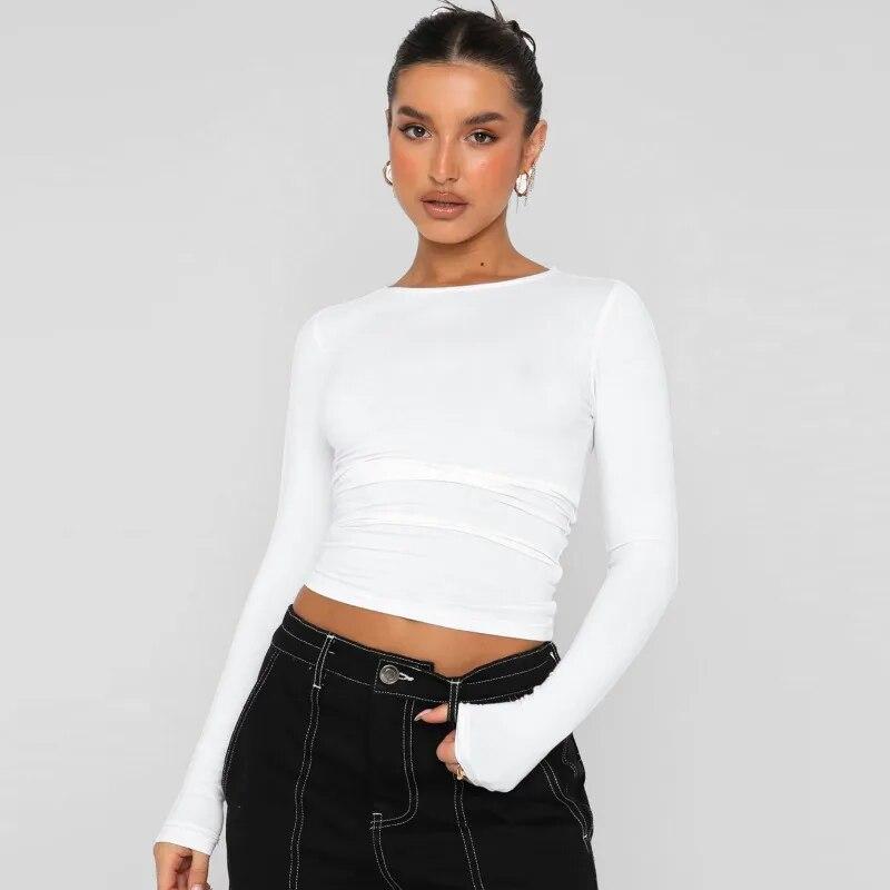 Fashion Y2K Casual Long Sleeve Tshirts Woman Round Neck Elegant Slim Fit T-shirt Women Tops Solid Skinny Office Lady Tees 30634