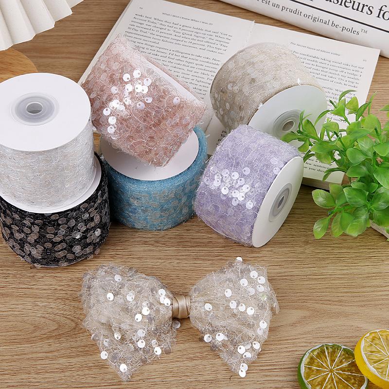 5Yards 50mm Sequin Tulle Ribbon with Silver Wire for Clothing Sewing DIY Hair Bows Hat Decor Craft Accessories Chiffon Ribbon