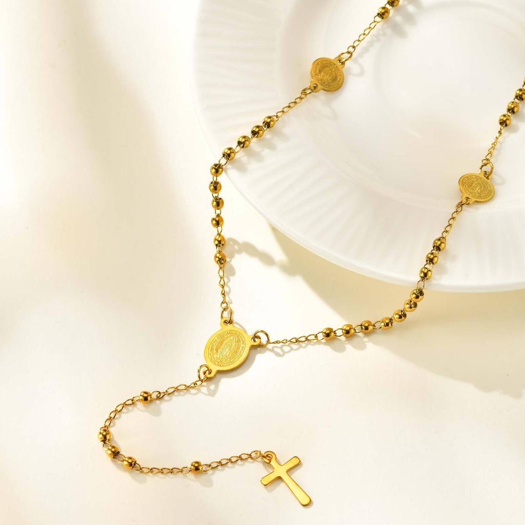 Vnox Stylish Stainless Steel Virgin Mary Necklaces, Multiple Beads Chain Cross Pendant, Long Sweater Chain Jewelry For Women