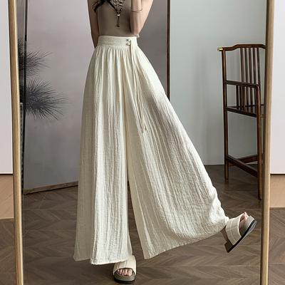 Summer New Style Women's New Chinese Style Frog Button Wide-leg Culottes Made of Cotton and Linen.