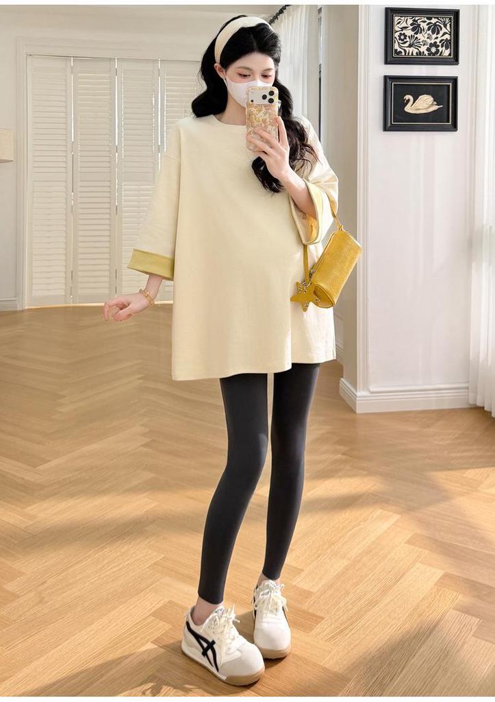 2025 Spring Fashion Plus Size Maternity T-Shirt: Trendy Loose-Fit, Casual, Three-Quarter Sleeve for Moms