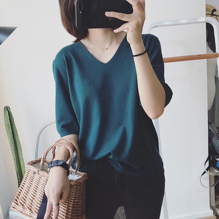 

Summer Women s Simple V-neck Hundred Loose Pullover T-shirt Solid Color Medium-sleeved Casual Tops Bottoming Shirt Casual Slim Fit Pullovers Tees One Size зелений