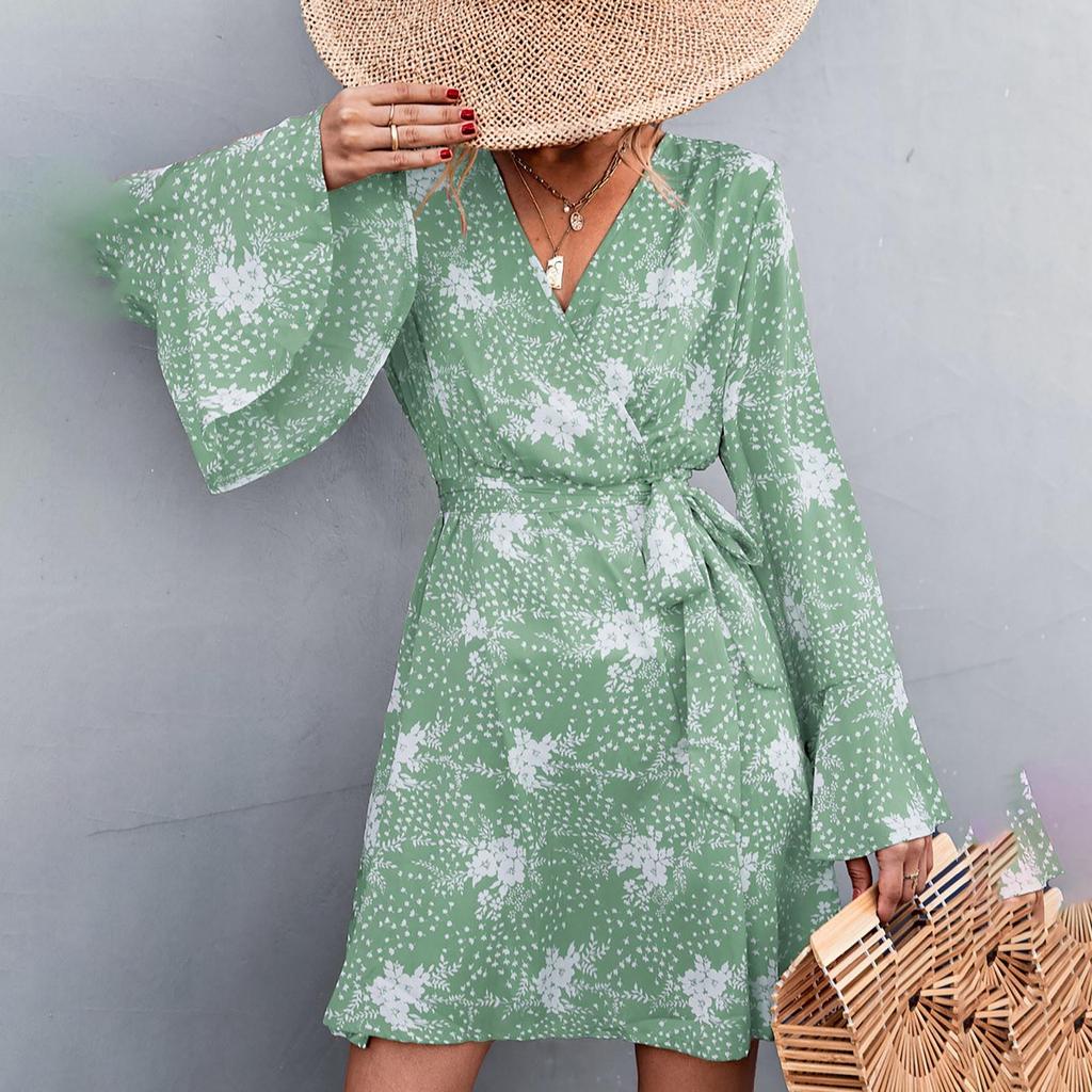 Women's Boho Print Lace-Up V-Neck Long Sleeve Dress