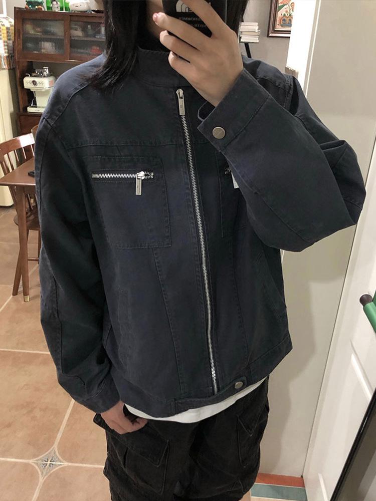 Unisex Washed Canvas Harrington Jacket with Multi-Pocket Stand Collar
