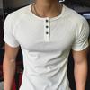 Men's Retro Cotton Henley Shirt - Coarse Thread 230g, Solid Color, Short-Sleeve Fitness Top