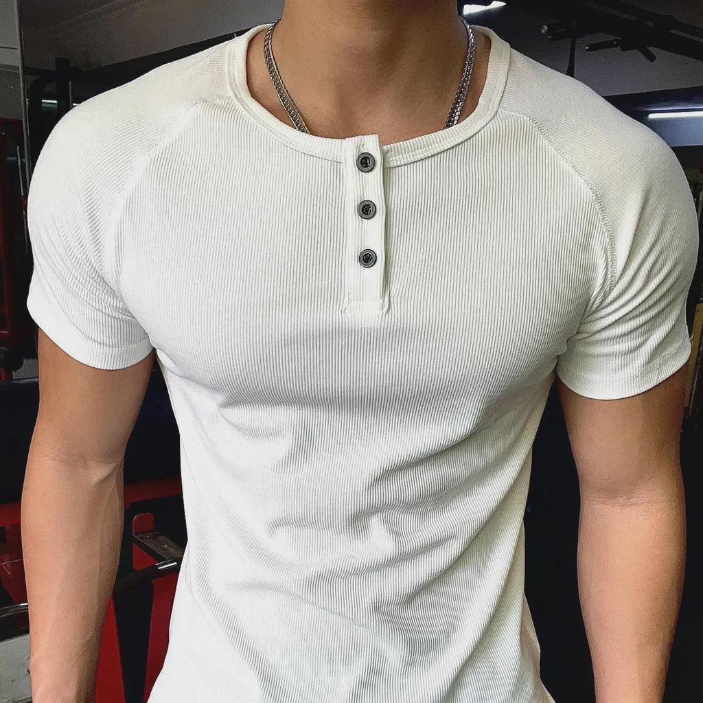 Men's Retro Cotton Henley Shirt - Coarse Thread 230g, Solid Color, Short-Sleeve Fitness Top