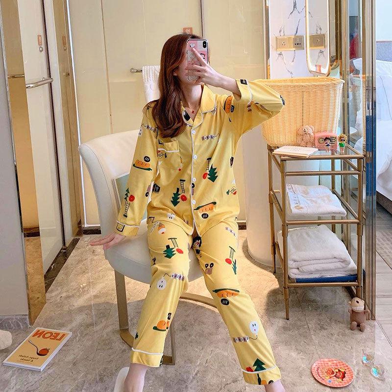 Spring And Autumn Pajamas Women'S Cardigan Long-Sleeved Trousers Korean Girls' Simple Cartoon Loungewear Suit Can Be Worn Outside