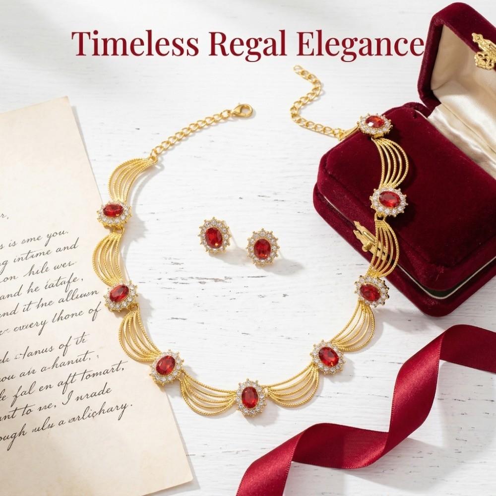 Gold-Tone Gemstone Necklace Set Geometric Statement Jewelry Set Earring Matching Set  Women