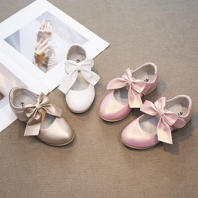 Girls Shoes with Big Bow Knot Princess Sweet Classic Fashion Children Party Shoes White Wedding Soft Anti Slippery