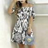 Women Plus Size White Off Shoulder Short Sleeve Tie Cuff Floral Printed A Line Dress