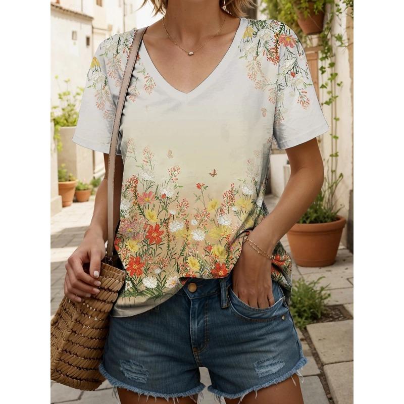 New Colorful Plaid Patchwork 3D Print T-Shirts Women's V-Neck Short Sleeve T Shirt Y2k Harajuku Tees Casual Tops Female Clothing