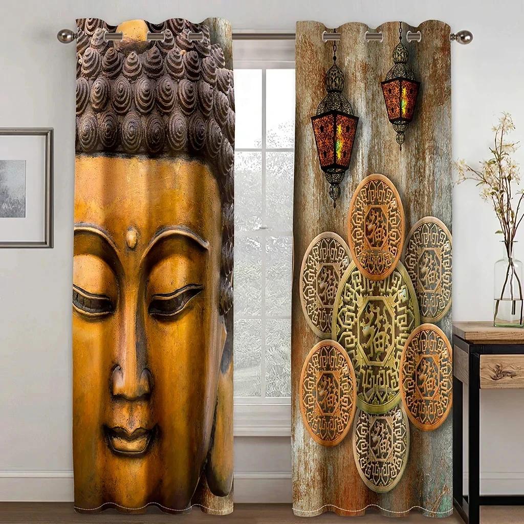 Stone Indian Buddha Statue Zen Lotus Cheap 2 Pieces Thin Window Curtains for Living Room Bedroom Decor Two Drape