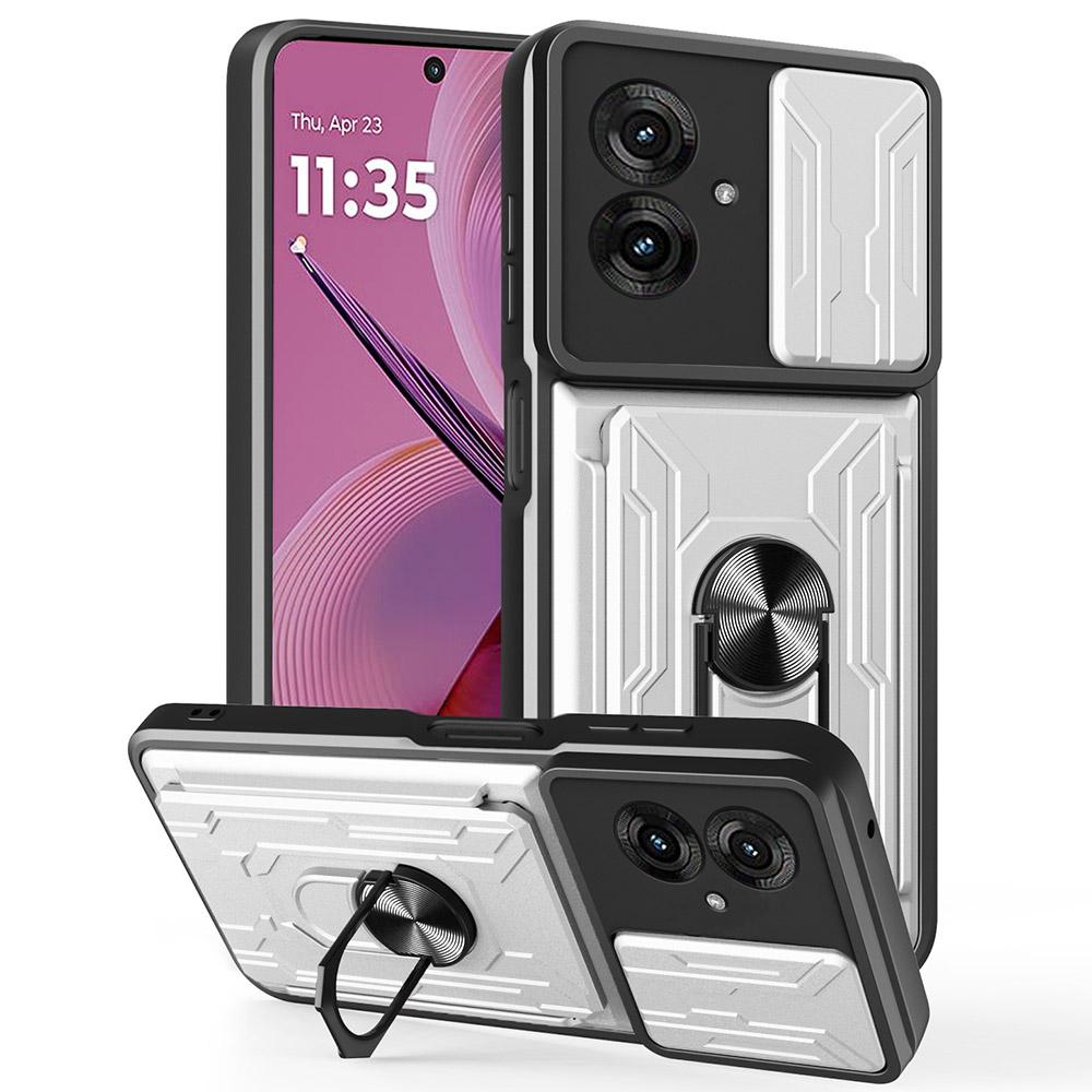 

For Motorola Moto G55 5G Case PC+TPU Kickstand Phone Back Cover with Camera Slider White