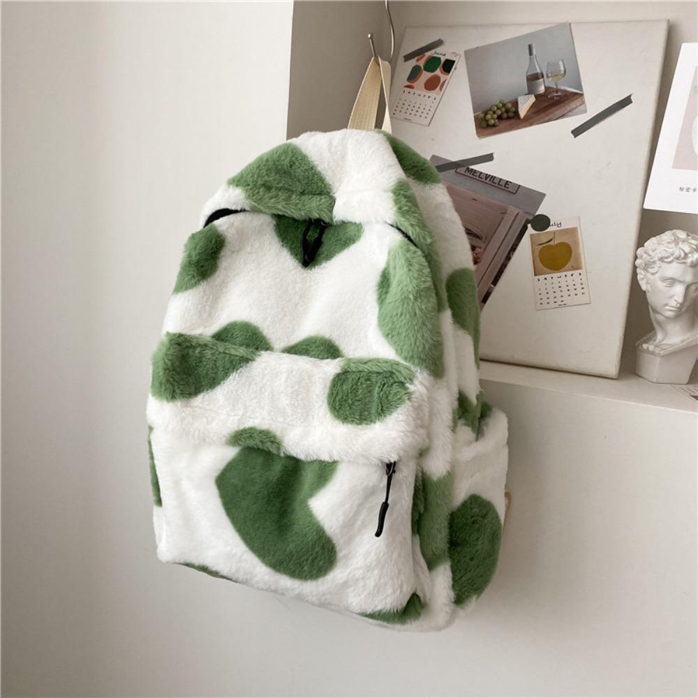 

Cute Heart Plush Cartoon Backpack Adjustable Large Capacity School Bags Zipper Fur Backpacks Adults зелёный