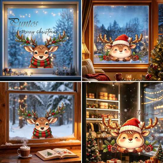 Removable Static Window Film Christmas Reindeer Stickers, PVC Waterproof Elk Cling for Holiday Gifts Friends Home Decoration, Cute Deer Wall