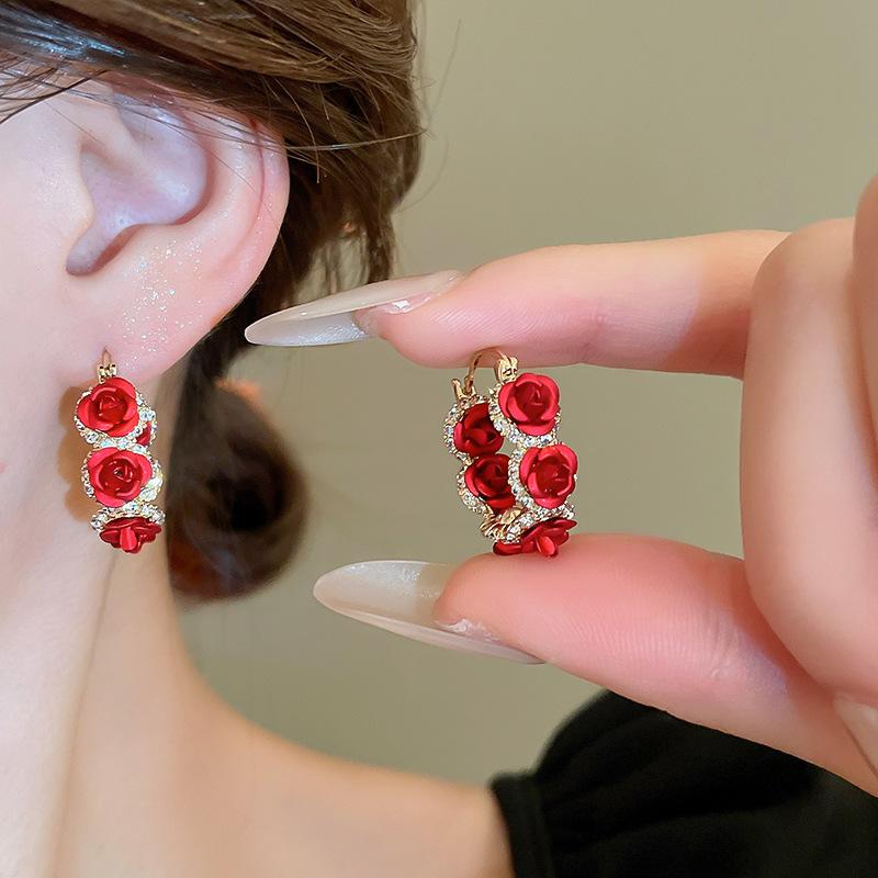 Korean Fashion Rose Flower Hoop Earrings for Women Luxurious Sparkling Zircon Circle Drop Earrings Party Ear Jewelry Accesories