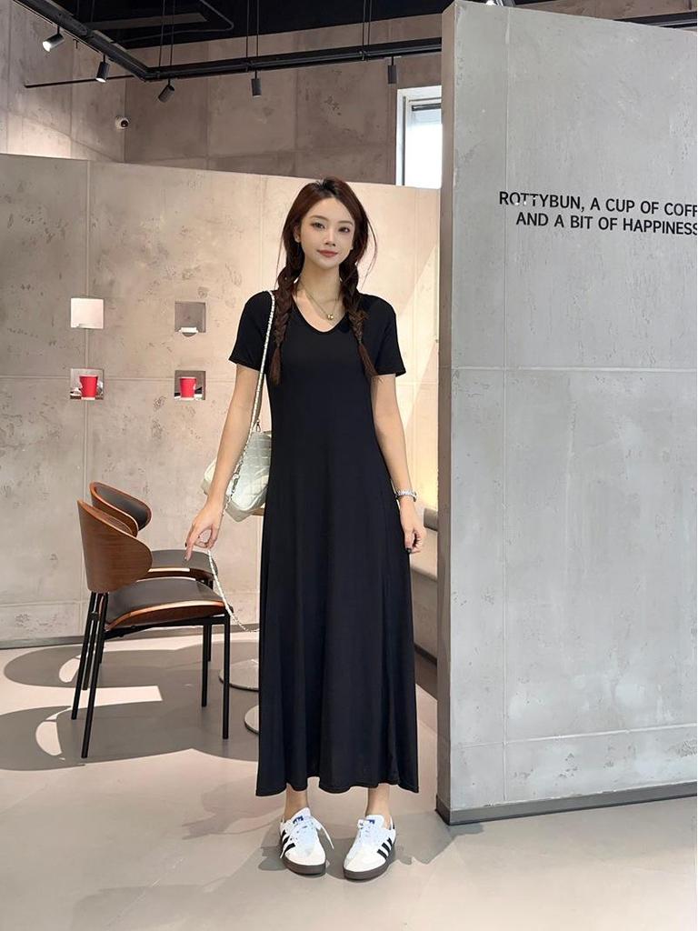 Modal V-Neck Plus Size Casual Long Dress - Women's Spring/Summer