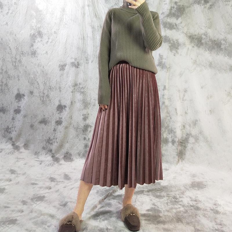 Golden Velvet Skirt Women's Autumn and Winter Elastic Waist A-line Pleated Skirt Chin Mid-length Skirt
