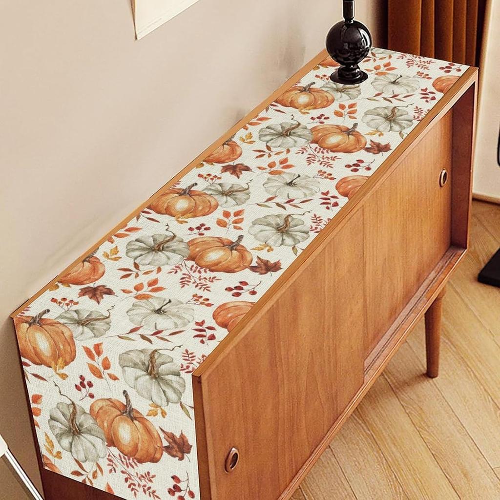 Fall Pumpkin Maple Leaves Linen Table Runner Holiday Party Decor Washable Kitchen Dining Table Runner Autumn Decorations