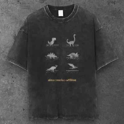 Unisex Pixel Dinosaur Game Oversized T Shirt Washed Black Y2K Streetwear S-3XL