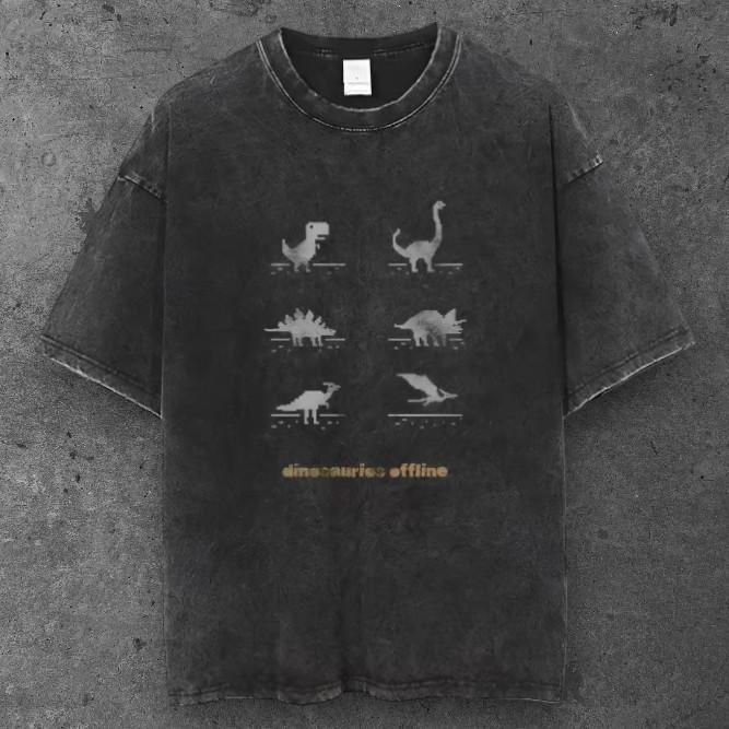 T-shirt Oversize Unisex Gioco Dinosauro Pixel Nero Lavato Streetwear Y2K S-3XL