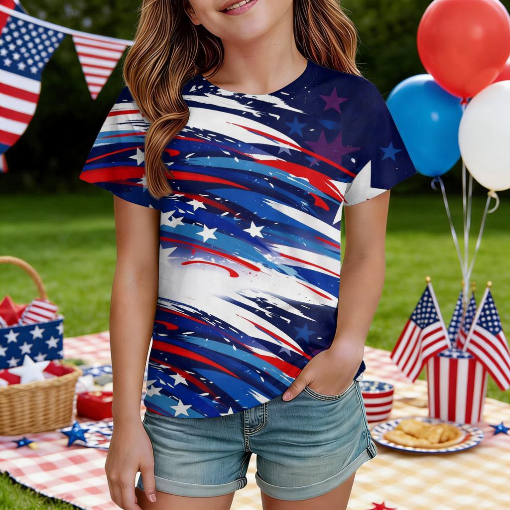 Kids Independence Day Print Round Neck Short Sleeve Casual T-shirt