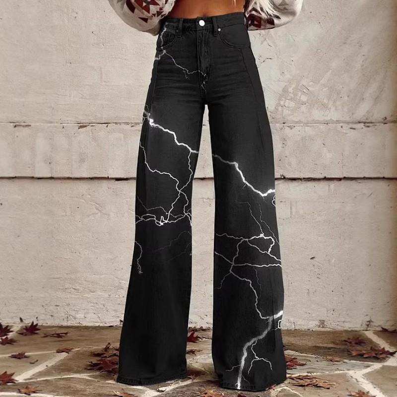 Dame Løstsiddende Bomuld Wide Leg Bukser Med 3D Digital Print Streetwear Stil Afslappede Bukser