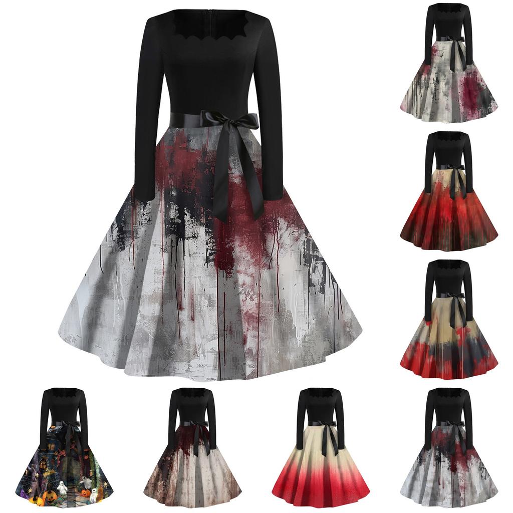 Women's Casual Fashion Halloween Printed Square Neck Vintage Dress