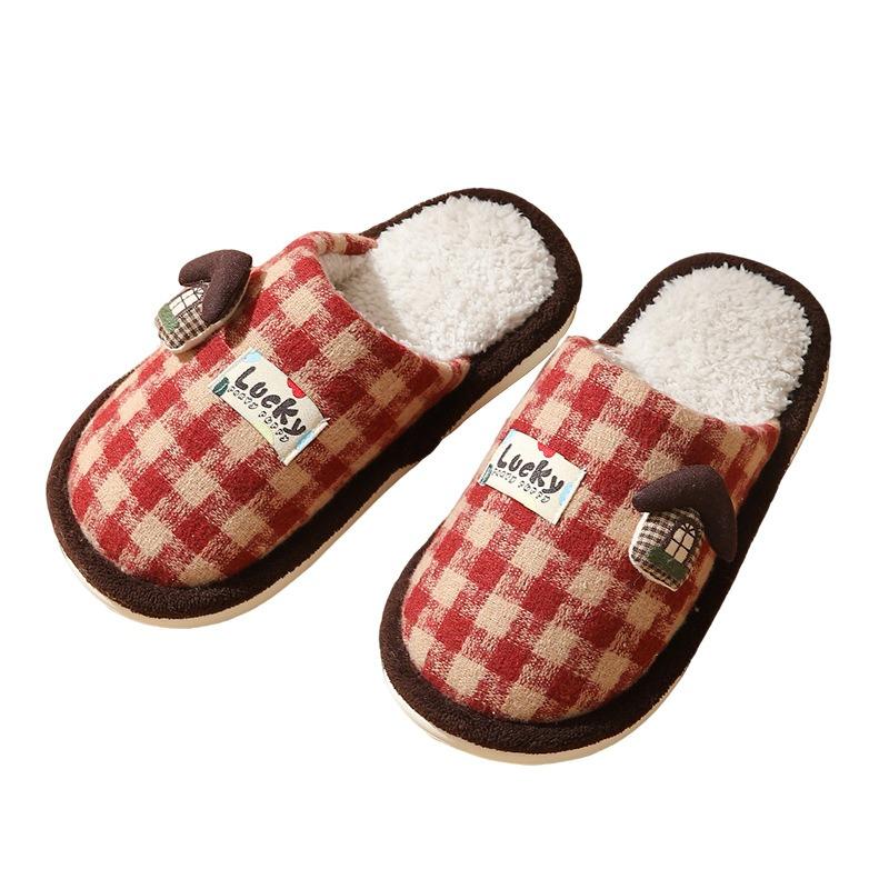 New cotton slippers women's winter home use cute cartoon hut simple plaid warm non-slip cotton slippers