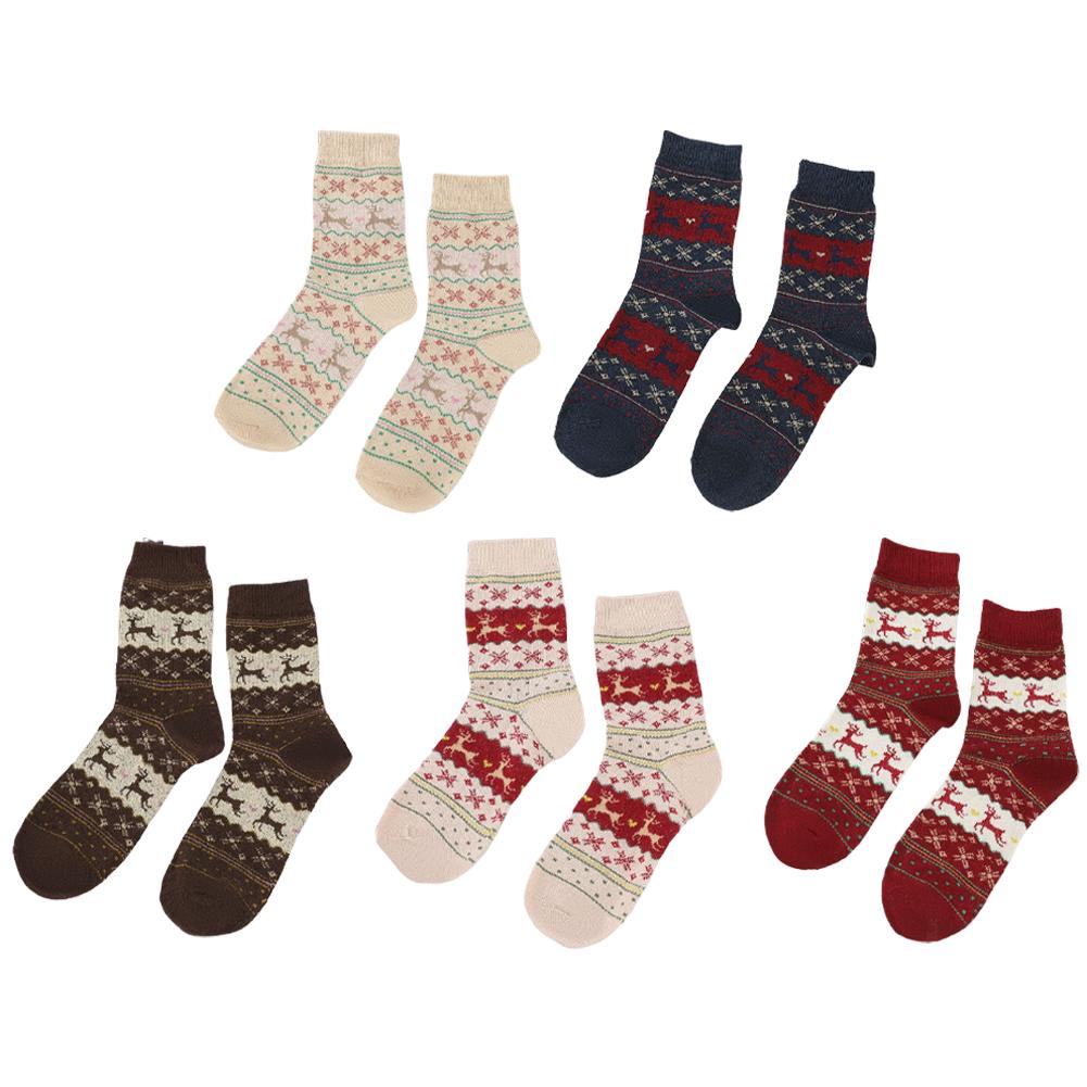 5 Paar Niedliche Rentier Schneeflockenmuster Damen Mid-Tube Socken für Weihnachten Winter Dick und Warm Hausbodensocken