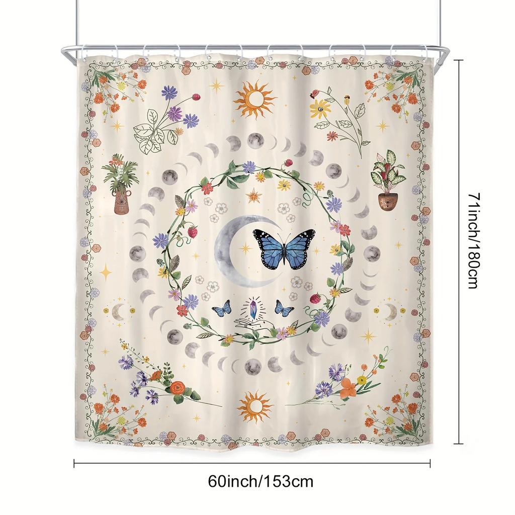 Waterproof Moon Phase Shower Curtain, Polyester Abstract Bohemian Floral Butterfly Design,Star Moon Art,Bath Decor with 12 Hooks