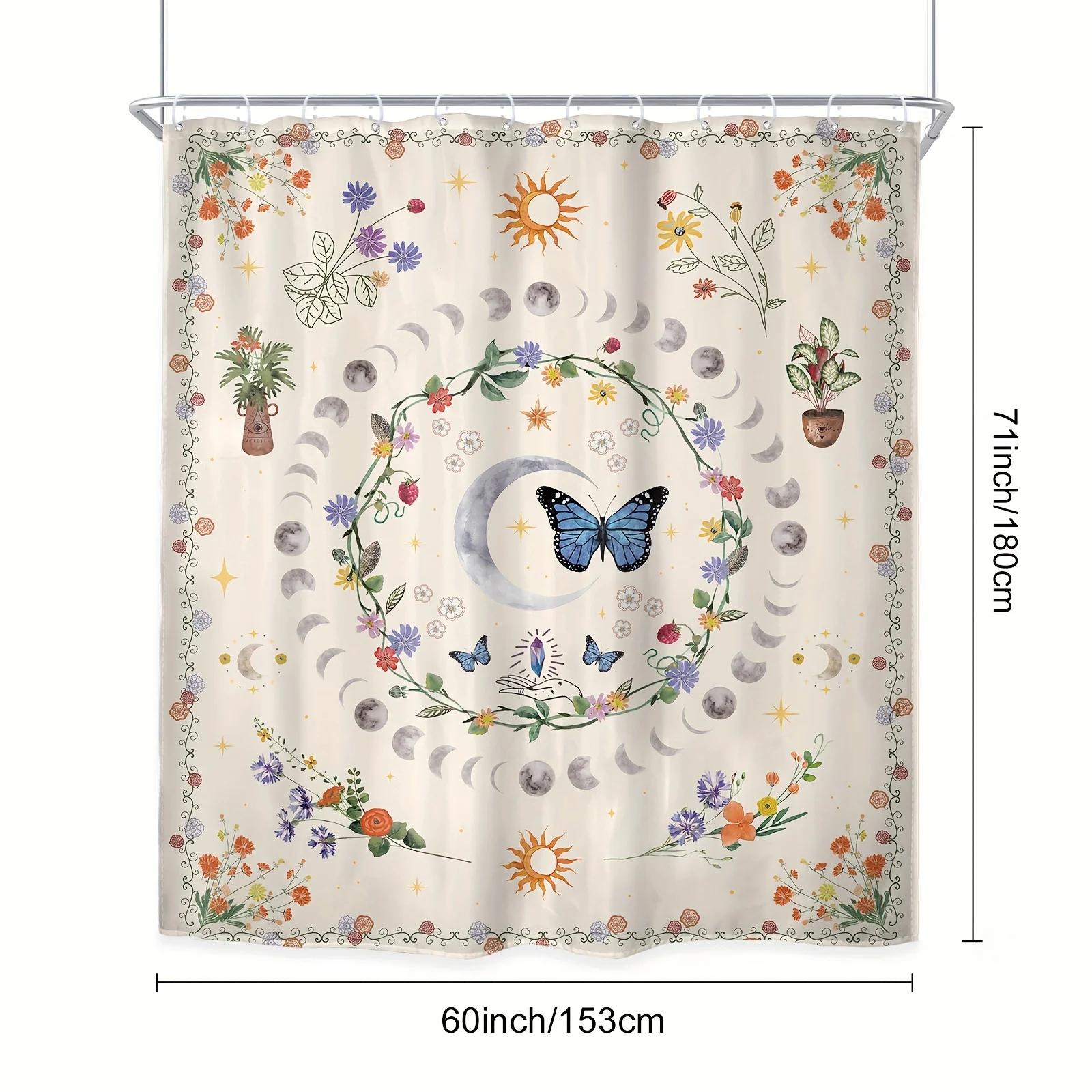 

Waterproof Moon Phase Shower Curtain, Polyester Abstract Bohemian Floral Butterfly Design,Star Moon Art,Bath Decor With 12 Hooks W60H190(CM)-1 Pcs