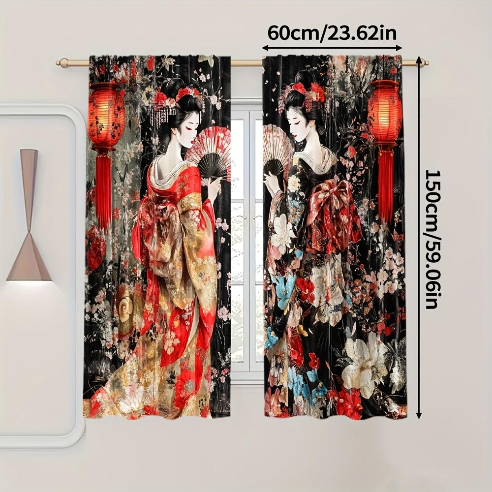 2pcs Oriental Geisha Print Curta Red Lantern Cherry Blossom Design Traditional Japanese Style Polyester Window Drapes