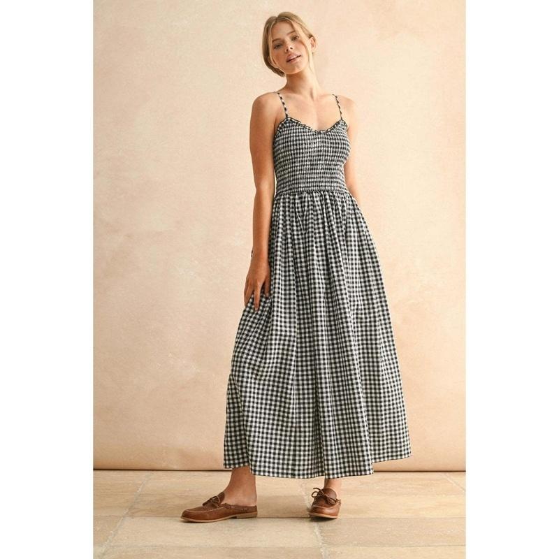 Women's Spaghetti Strap Sleeveless Gingham Print A Line Mid Waist Vintage Maxi Dress Sundress