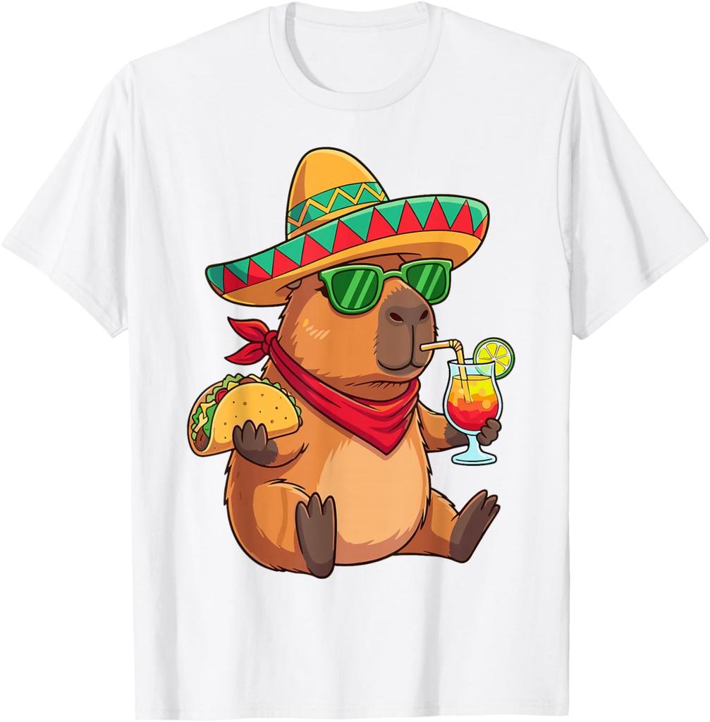 Capybara Sombrero Taco Drink Summer Fiesta Graphic Tee Shirt Casual Breathable Men