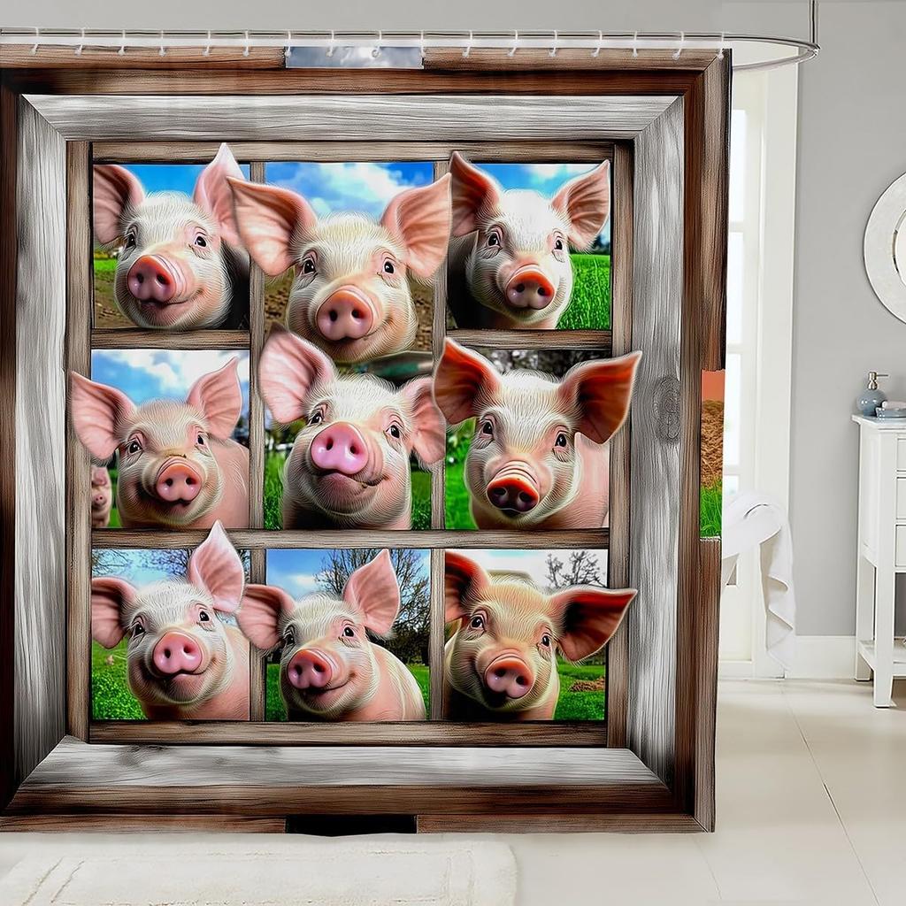 Cartoon Pig Shower Curtain Leopard Bow Bath Curtain for Boys Girls Teens Lovely Animal Cheetah Bathroom Shower Curtain Set