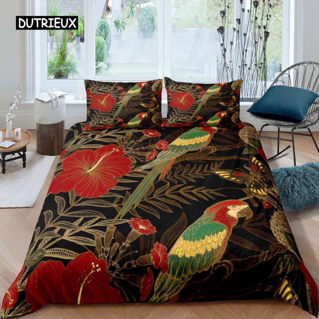 Parrot Duvet Cover Set Black White Stripe Bedding Set Green Plant Palm Leaves Quilt Cover Bird Animal Polyester Comforter Cover