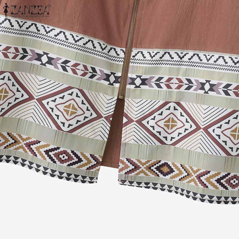 ZANZEA Women Casual Round Neck Long Sleeve Ethnic Print Loose Zipper Blouse
