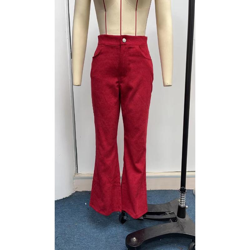 Women's Winter High Waisted Flared Corduroy Pants Solid Color Elegant Stretchy Slim Fit Casual Warm Full Length Bell Bottom Trousers