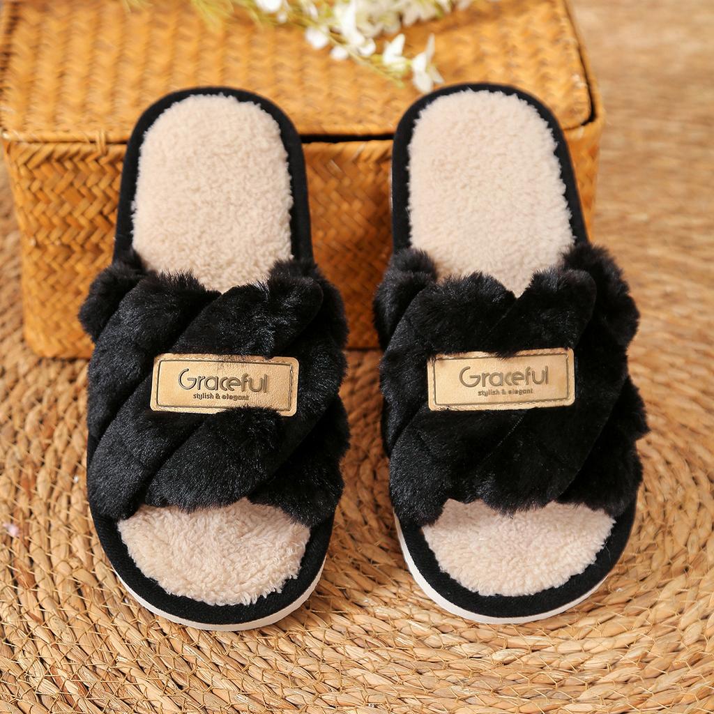 Fashion Litfun Fluffy Women's Slippers Concise Flat Home Slides Open Toe Fuzzy Cotton Slides Plush Lining Warm Cozy Slippers For Women