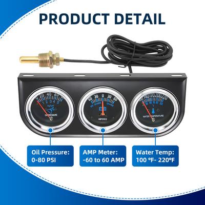 12V 52mm Auto Car Meter Triple Gauge Set Oil Pressure Gauge+AMP Meter+Water Temperature Meter With Sensor Kits for Gasoline Cars